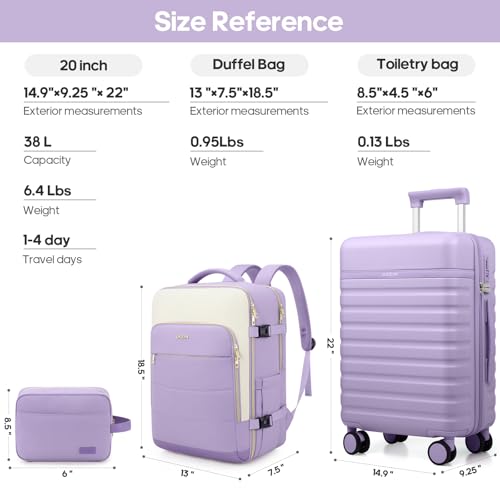 Image of UKEIN Luggage Sets 3 Piece, Carry On Luggage 20In With Spinner Wheels,PC Hardside Suitcase Set with TSA Lock,Durable Carry On Suitcase With Travel Backpack for Men (Violet, 3 piece set (BP /20inch))