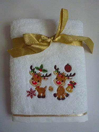 Bellissimo Christmas Singing Reindeer Embroidered 100% Cotton Hand Towel, White