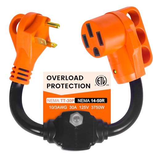 Image of Overload Protector 30 Amp to 50 Amp RV Adapter with Circuit Breaker | NEMA TT-30P to NEMA 14-50R, Electrical Power Adapter with LED Power Indicator, RV Dogbone Adapter Cord, 18 Inch