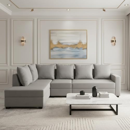 Image of FURNY Gloria 6 Seater Fabric LHS L Shape Sofa Set (Light Grey) Premium Velvet Finish | Durable Comfort | Ideal for Living Room
