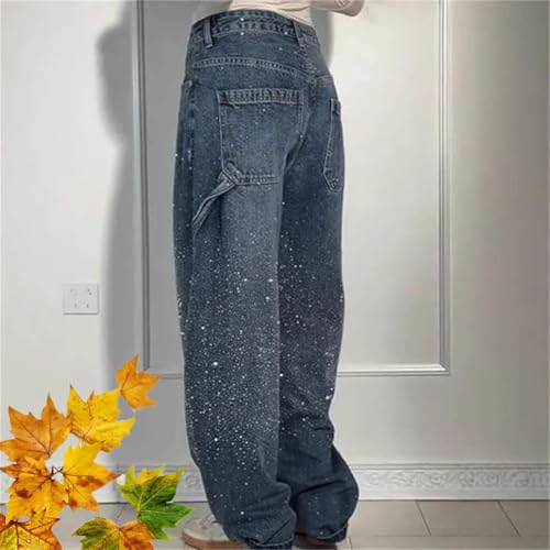 High Waisted Rhinestone Jeans for Women, Baggy Wide Straight Leg Casual Denim Pants Trousers, Wide Leg Bling Denim Pants4