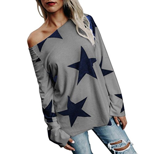 JIAJIA YL Hauts À Manches Longues Femme Étoile Imprimée Sweatshirt sans Bretelles Col Rond Pullover Pull Tops Casual Blouse (Gris, L)