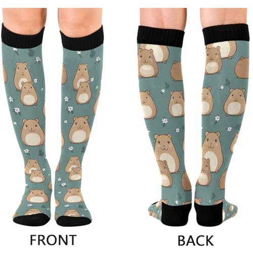 Image of Pigsaly Womens Compression Socks Yellow Stars Funny Brown Capybara Knee High Socks Athletic Tube Sock Outdoor Sport Socks