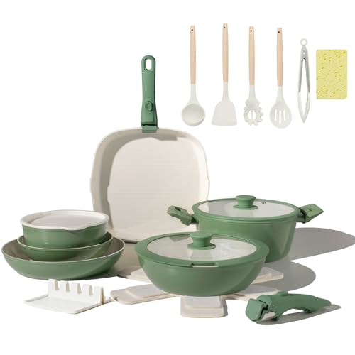 BECIGAR Juego de 23 ollas y sartenes de cerámica, antiadherentes, mango desmontable, juego de cocina de inducción con mango extraíble, incluye sartenes y cacerolas aptas para horno (verde)