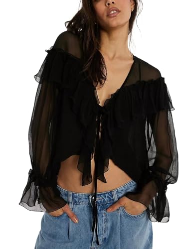 Apvirdy Womens Flowy Bow Front Tie Top Long Sleeve...