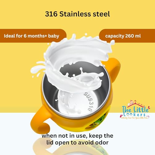 Image of THE LITTLE LOOKERS Stainless Steel Sipper Bottle 260ml | 316 Grade SS | BPA Free | Suitable for Hot & Cold |Travelling Bottle for Kids & Toddler|Training Sippy Cup with Straw /Spout (Yellow)
