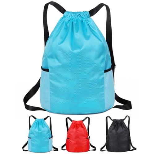 SoftcuteLee Bolsa con cordón, bolsa de gimnasio con cordón, unisex, mochila deportiva grande, impermeable, de tela Oxford, para deportes, escuela, playa, vacaciones, natación, azul, L