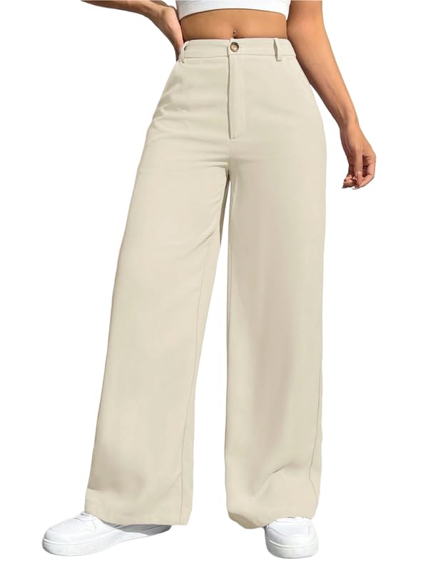 Image of Women's High Waisted Wide Leg Pants Trousers | Loose Fit Stretch Cotton Blend Slacks | Casual Elegant Style (TR002CRM S) Cream