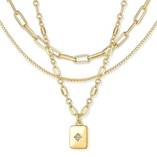 YEEZII 14K Gold Plated Layered Necklaces for Women Trendy, Dainty Choker Paperclip Box Chain Necklace, Stackable Women's Pendant Necklaces Set for Jewelry Gift