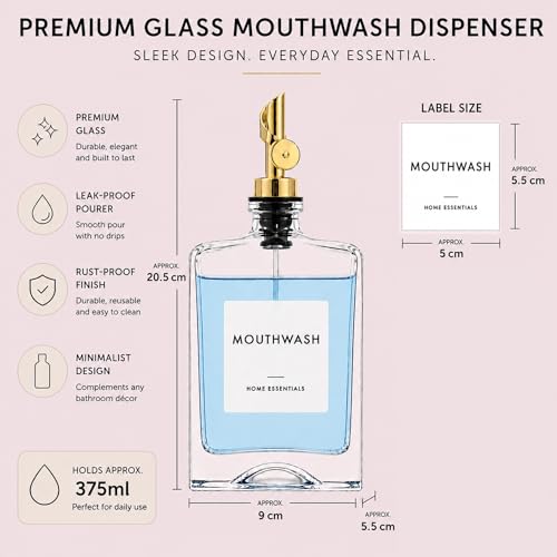 Image of Mouthwash Dispenser for Bathroom - Square Glass Mouth Wash Dispenser, Gold Weighted Pour Spout, Funnel & 4 Labels - 375 ml / 12.68 oz | Includes Gold Weighted Pour Spout, Funnel, 4 Labels