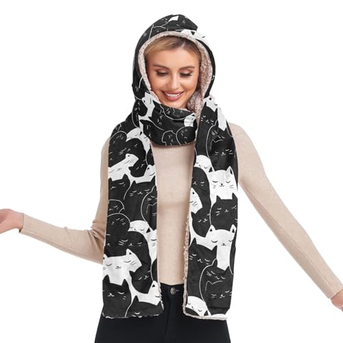 Bonnet 3 en 1 femme écharpe et gants motif chats endormis noir