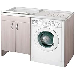 Mueble Fregadero Lavadora Negrari Eco Mueble de lavadero para cubrir la lavadora montada en la bañera izquierda, izquierda, con compartimento para lavadora derecha, color olmo, puerta batiente, estructura de melamina