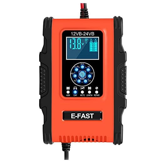 lifcasual Carregadores de bateria de carro 12V / 12A 24V / 6A Carregadores de bateria inteligentes totalmente automáticos Mantenedor de carregadores portáteis Desulfator de bateria para cortadores de grama