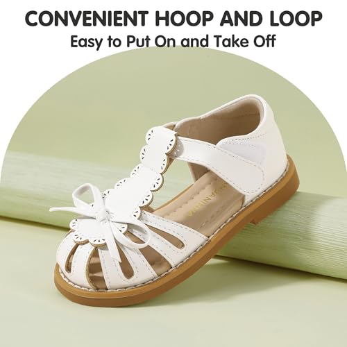 PANDANINJIA Toddler Girls Sandals Closed Toe T-Strap Kids Dress Summer Flats Sandals Cute Bow Flower Girl Shoes4