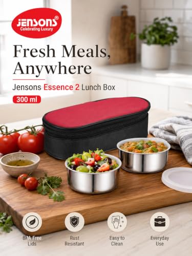 Image of JENSONS Premium Essence Stainless Steel Lunchbox 3pc Set (350ml x 2) Tiffin for Office, School & College with Food Grade Steel Leakproof & Dishwasher Safe
