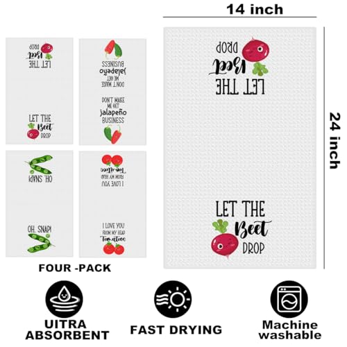 Image of 4 Pcs Funny Vegetable Kitchen Towels 24x14 Inch, Chili Carrot Pepper Tomato Decor Microfiber Reusable Tea Towels for Kitchen Farmhouse, Durable Waffle Dish Drying Towel, Plant Gifts for Women Mom