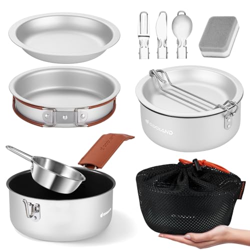 Odoland 10pcs Camping Cookware Mess Kit, Lightweight Cooking Set with Plate Bowl Forks Knives Spoons - Perfect for Backpacking, Camping, Hiking and Pi