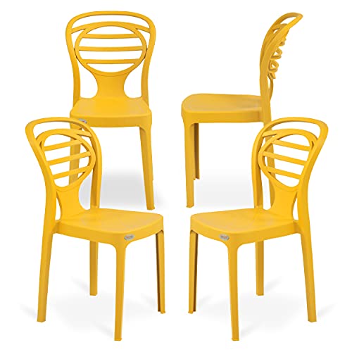 Image of Oaknest Supreme Oak Armless Plastic Dining Chair | Compact & Ergonomic Design for Home, Living Room, Balcony & Outdoor Seating | Color : Royal Yellow, Set of 4