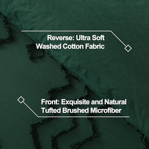 Image of Andency King Size Comforter Set, 3 Pieces Dark Emerald Green Boho Tufted Geometric Shabby Chic Bedding, Soft Fluffy Farmhouse Bed Set, Jacquard Textured Comforter for All Season (104x90 Inch)