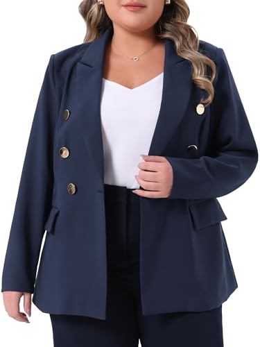 Agnes Orinda Plus Size Blazers for Women Notch Lapel Double Breasted Long Sleeve Office Work Blazer