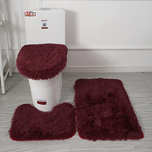 Lot de 2 ensembles de 3 pièces de salle de bain de style simple, couleur unie, tapis de salle de bain absorbant l'eau pour douche (rouge vin)