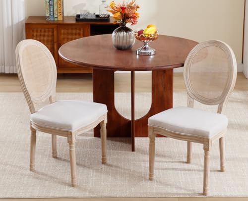 chairus Farmhouse Dining Chairs Set of 2, Round Rattan Back French Country Dining Room Chairs Vintage Fabric Upholstered Chair with Rustic Wood Legs, Beige 2 PCS - Thumbnail 3