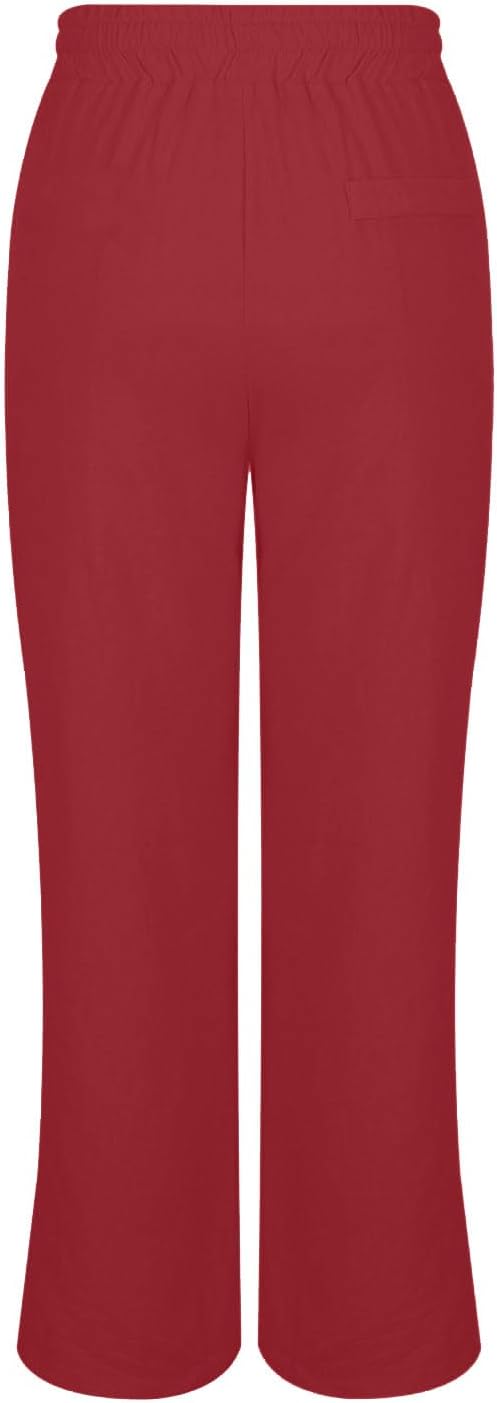 Cotton Linen Pants Side Slit Straight Leg Pant with Pockets for Women Summer Solid Loose Casual Beach Boho Trousers