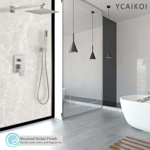Image of Brushed Nickel Shower System YCAIKOI Wall Mount Shower Faucet Set for Bathroom 10 Inch High Pressure Luxury Shower Head with Handheld, Rough-in Valve Body and Trim Included