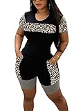 Women's 2 Piece Outfit Sexy Leopard Print Short Sleeve Top and Bodycon Shorts Sweatsuit Plus Size Tracksuits Set Black