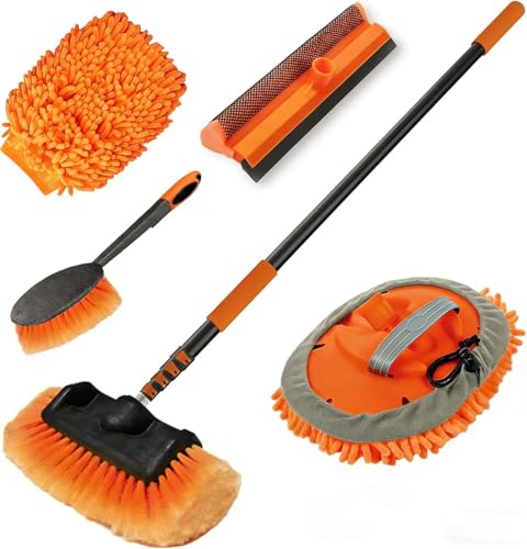 LAANPOLE Brosse Nettoyage Voiture avec Perche Telescopique 3,6m, Brosse Lavage Voiture avec Brosse Douce, Serpillière en Microfibre, Raclette Vitre, Gant,...