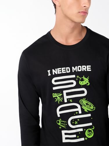 Image of Bewakoof Men's Graphic Print Regular Fit Full Sleeve Round Neck Pure Cotton T Shirt 689697 Black 2XL