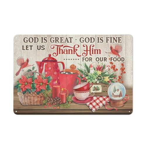 Plaque en métal rustique « God Is Great God Is Fine Let Us Thank Him For Our Food » - Décoration murale vintage pour salon, chambre à coucher, cuisine - 20,3 x 30,5 cm