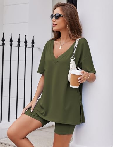 Image of Ekouaer Womens Pajamas 2 Piece Lounge Sets Oversized V Neck T-Shirts Tops Biker Shorts Set Workout Reversible Tracksuit S-XXL