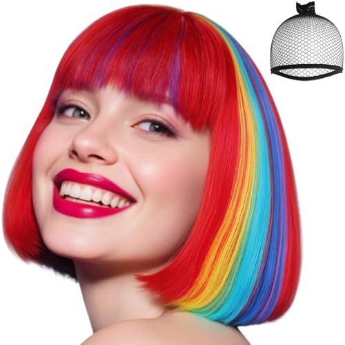 ANOGOL Hair Cap+ Rainbow Bob Wig Short Multi-Color Cosplay Wigs Rainbow Wigs for Women Fun Outfits Clown Wig Colorful Synthetic Hair Mardi Gras Party Halloween LGBT Costume Pride Day Bachelorette Hair