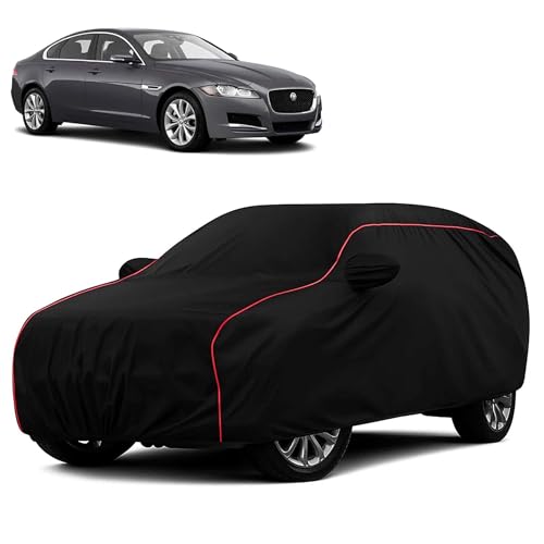 Image of Sulfar 100% Water Resistant Car Body Cover Compatible with Mirror for Jaguar XFS (Triple Stitched, Full Bottom Elastic, Black with Red Piping)