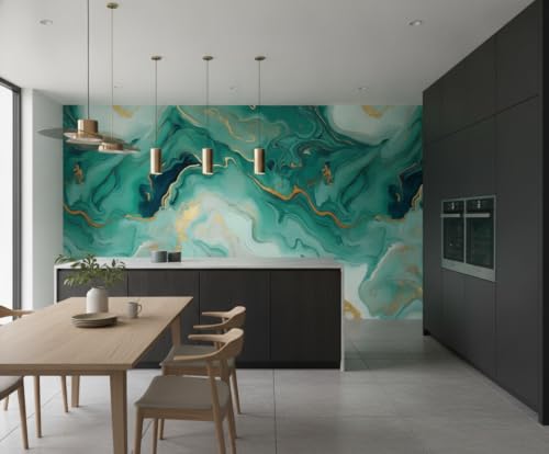 Image of Green Gold Louvers Self-Adhesive Kitchen Wallpaper Roll, PVC 3D Wall Sticker Oil Proof, Waterproof & Washable Wallpaper for Home Decor, Living Room, Bedroom, Hotel & Cafe Walls (45x300cm)