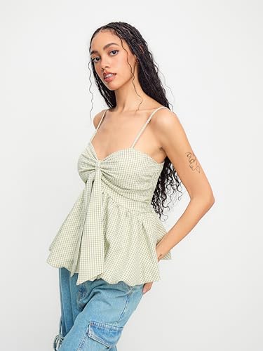 CIDER Plaid Shirts for Women Check Shirred Knotted Cami Top Sleeveless Bubble Hem Cute Blouse Going Out Top4