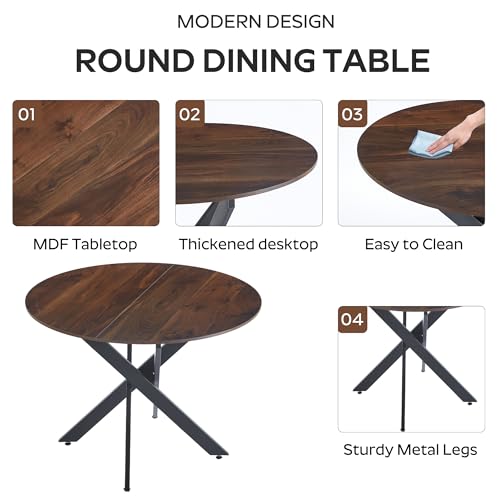 Image of Wood Dining Table Set for 6, 47 inch Round Kitchen Table with 6 Boucle Dining Chairs, MDF Tabletop with Metal Legs, Ergonomic Dining Chair with Metal Legs(Woodgrain Table)