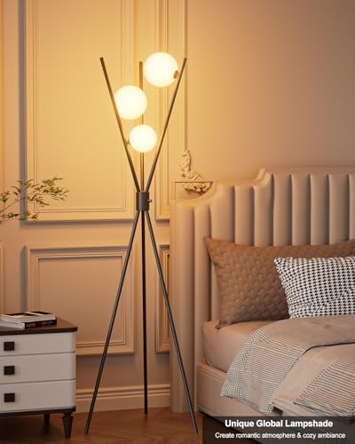 Image of Lightdot 60IN Dimmable Black Tripod Floor Lamp Mid Century Standing Lamps with 3Pcs 3000K Bulbs Included Eye Care&Stable Base Modern Tall Lamp for Living Room /Sofa Beside /Corner Decor