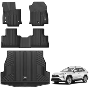 3W Floor Mats & Cargo Liner Fit Toyota RAV4 2019-2025(Not for Hybrid or Prime) TPE All Weather Custom Fit Floor Liner for Toyota RAV4 1st and 2nd Row Full Set Car Mats and Trunk Mat, Black 1