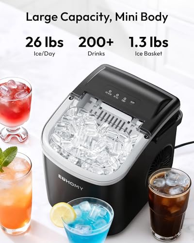 EUHOMY Countertop Ice Maker Machine with Handle, 26lbs in 24Hrs, 9 Ice Cubes Ready in 6 Mins, Auto-Cleaning Portable Ice Maker with Basket and Scoop, for Home/Kitchen/Camping/RV. (Black)
