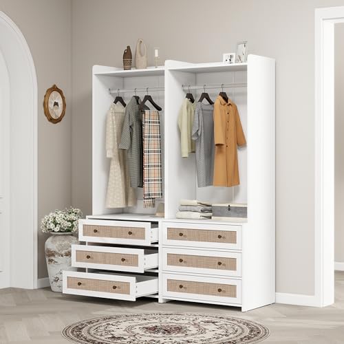 Crlnaup 1 armario blanco con tres cajones – Perchero con estante de almacenamiento de estilo bohemio – altura 180 cm – ideal para pasillo, salón, dormitorio, estudio u oficina. Dimensiones: 70 x 48 x