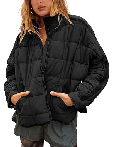Bianstore Women's Oversized Splice Quilted Lightweight Puffer Jacket Casual Padded Coat(Black-S)