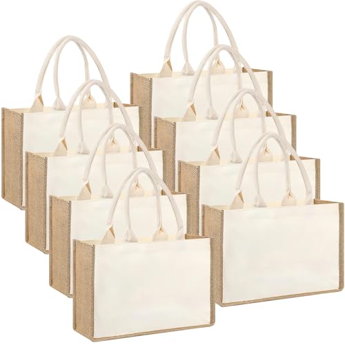 OGMBI 8 Stück Jute-Tragetaschen, Wiederverwendbare Blanko Einkaufstaschen für Frauen, Große Party Geschenktaschen mit Griffen für Besticken, Bedrucken & DIY Gestalten