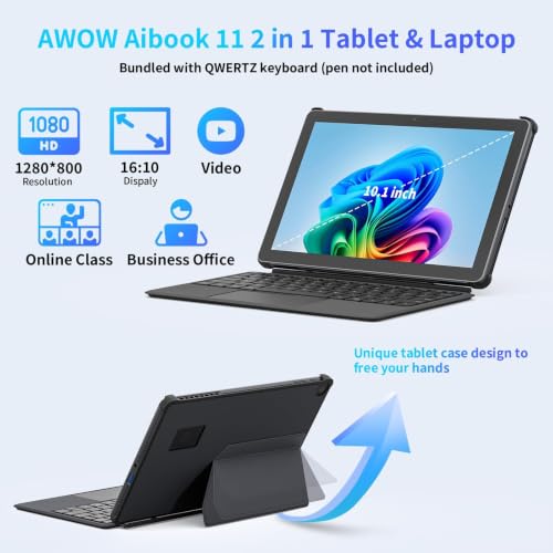 Image of AWOW 10.1 inch Tablet with Keyboard, 2-in-1 Mini Laptop Tablet PC, Intel N150, 12GB RAM 256GB SSD, in-Cell Display, 36W PD Fast Charging, WiFi 6, BT 5.0, HDMI, Type-C, 8MP+5MP Camera