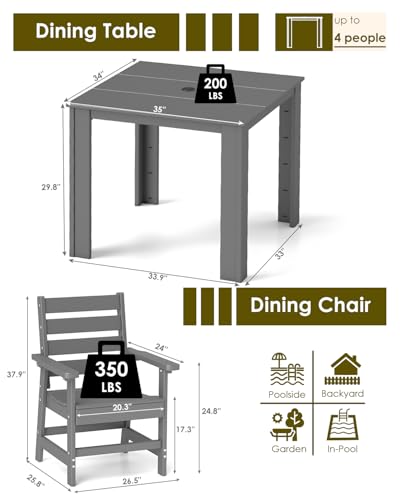 Image of GREENVINES 5-piece Patio Dining Set, HDPE Square Table & 4 Chairs, Gray