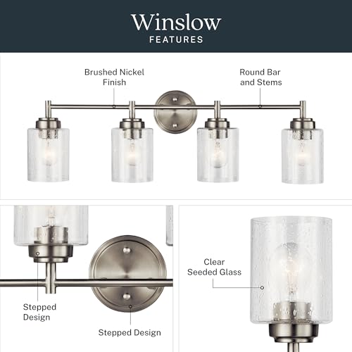 Image of Kichler Winslow 30 inch Vanity Light in Brushed Nickel, 4-Light Transitional Bathroom Light with Clear Seeded Glass. (30 inch W x 9.25 inch H), 45887NI