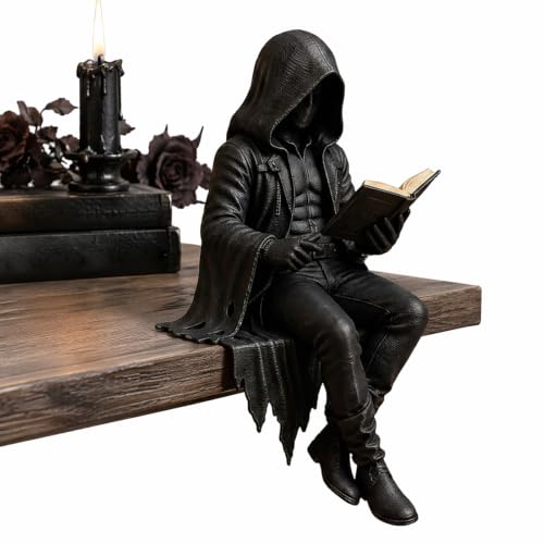 Figura Dark Fantasy Gotica, Statue Misteriosa con Libri, Scheletro con Cappuccio, Statue Seduta di Morte, Scultura in Resina di un Mietitore che Legge un Libro per Decorazioni per Casa e Halloween