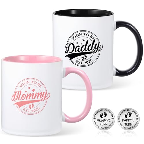 BAIEGOED 2 Mummy and Daddy Mugs, Mum to Be Gifts New Mum Gifts with Decision Coin for Baby Shower Gender Reveal Party, Pregnancy Gift for Expecting Mummy and Daddy to Be