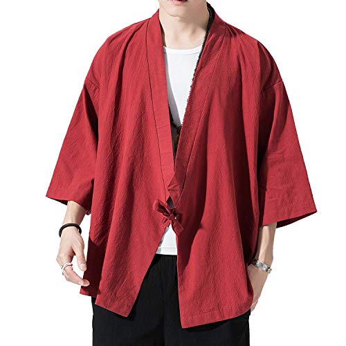Image of PRIJOUHE Men's Kimono Jackets Cardigan Lightweight Casual Cotton Blends Linen Seven Sleeves Open Front Coat Outwear